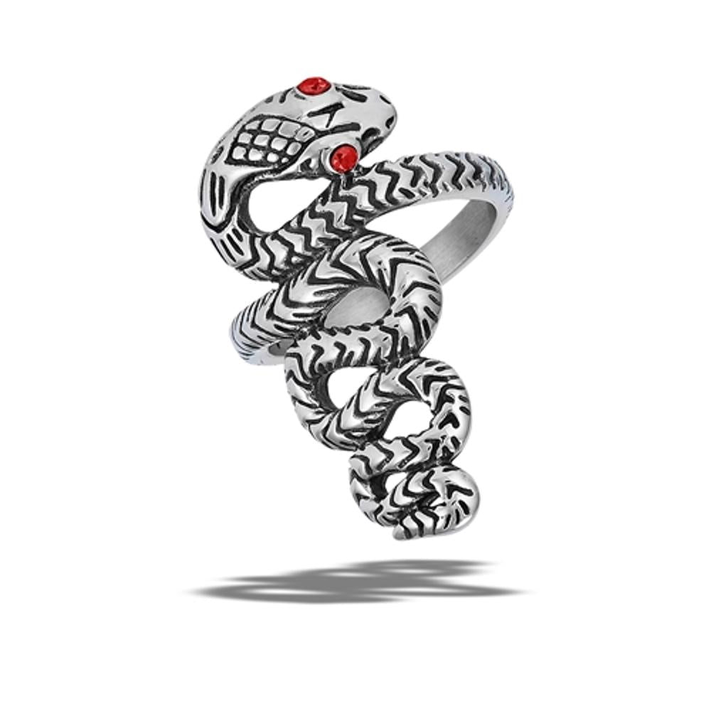 Stainless Steel Garnet CZ Eye Snake Serpent Animal Wide Ring Sizes 7-11