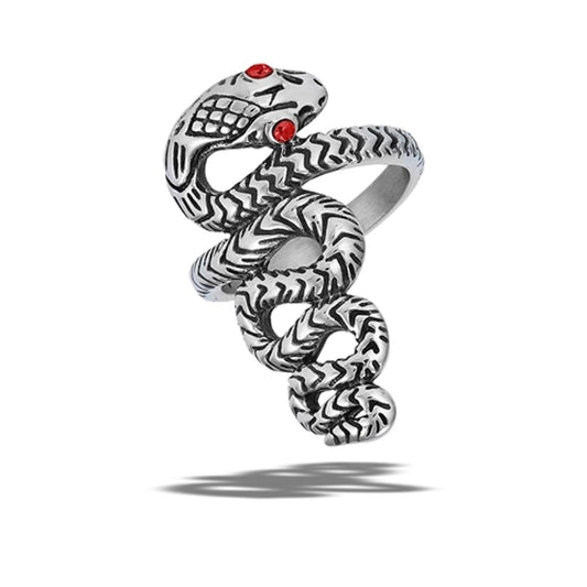 Stainless Steel Garnet CZ Eye Snake Serpent Animal Wide Ring Sizes 7-11