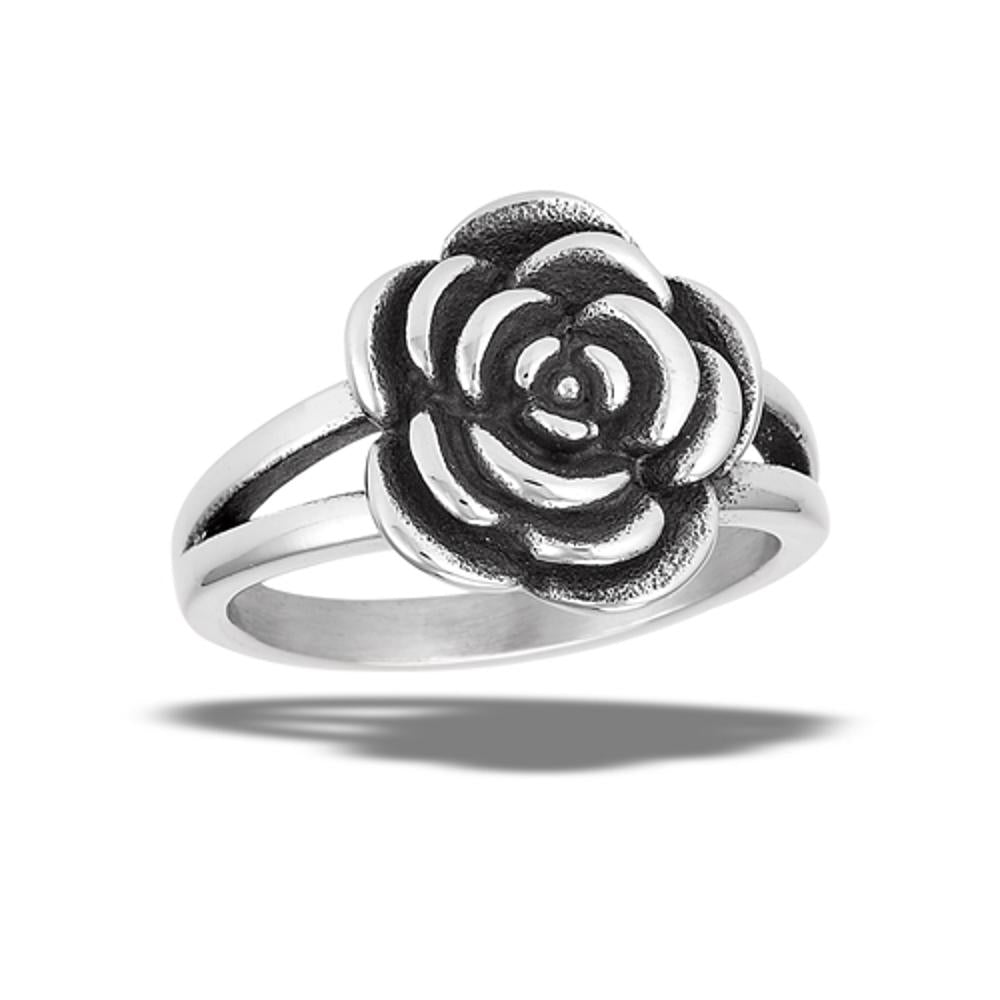 Stainless Steel Oxidized Rose Flower Friendship Love Band Ring Sizes 6-11