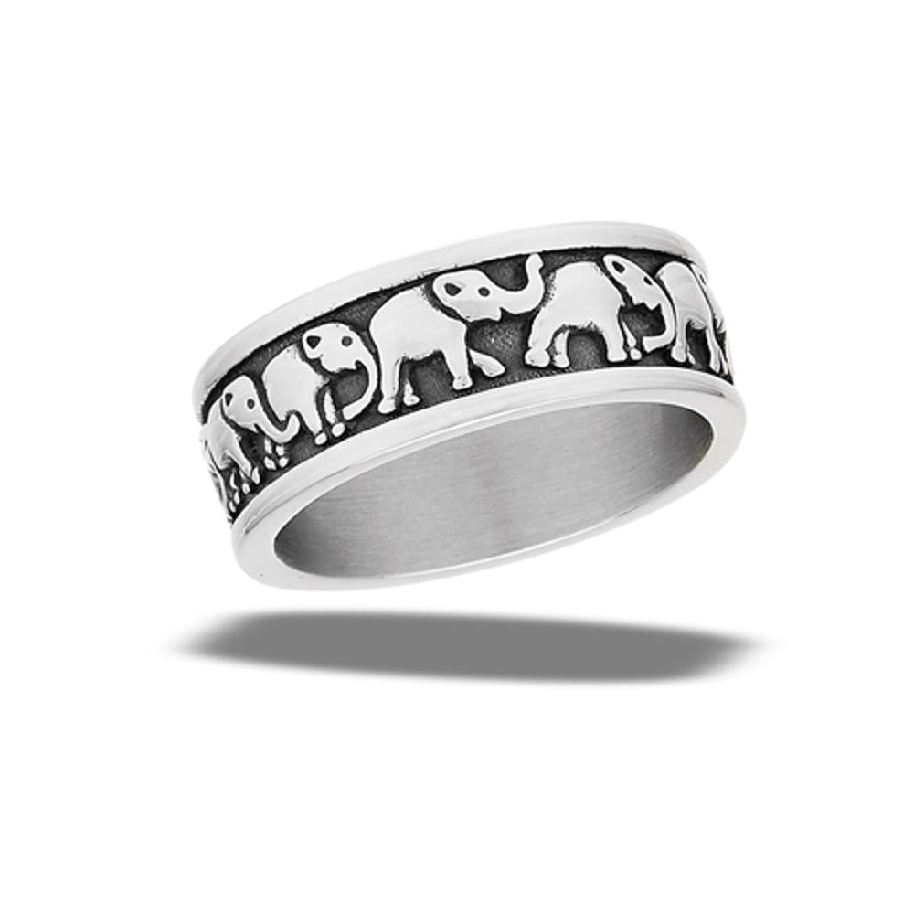 Stainless Steel Marching Elephants Family Good Luck Animal Band Ring Sizes 7-12