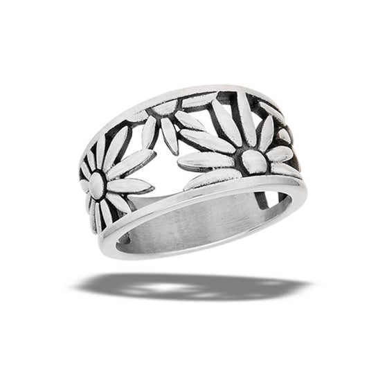 Stainless Steel Oxidized Filigree Flower Bouquet Daisy Garden Ring Sizes 7-10