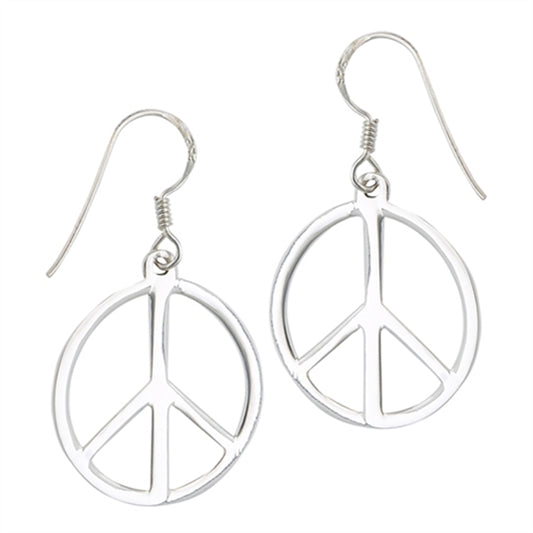 Stainless Steel High Polished Dangle Peace Symbol Wired Hook Earrings