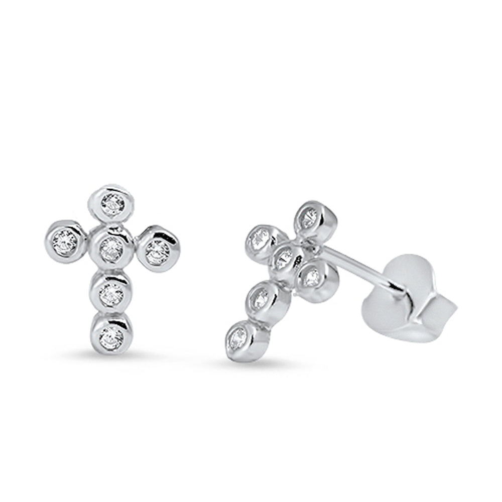 Sterling Silver Modern Round Cross Cute Simple Faith Christian Earrings Clear CZ