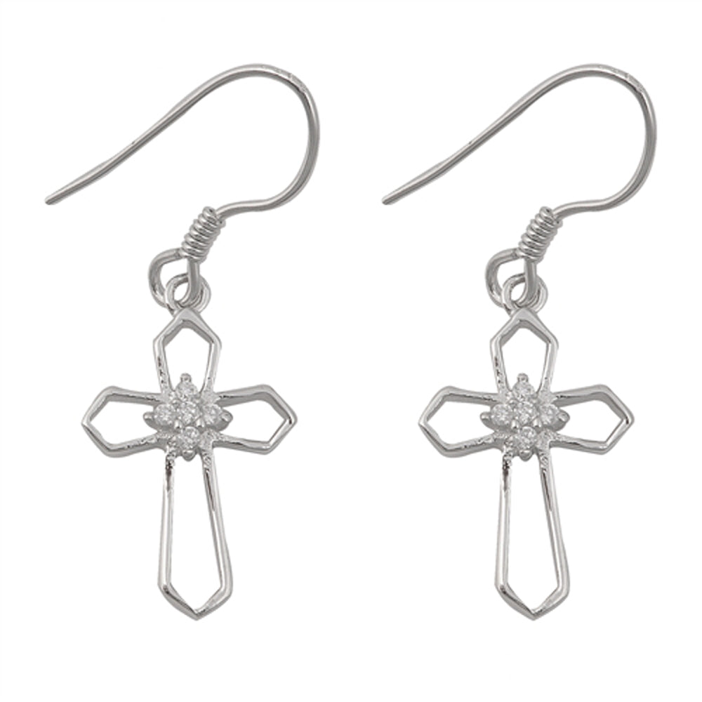 Sterling Silver Simple Geometric Cross Star Cluster Outline Earrings Clear CZ
