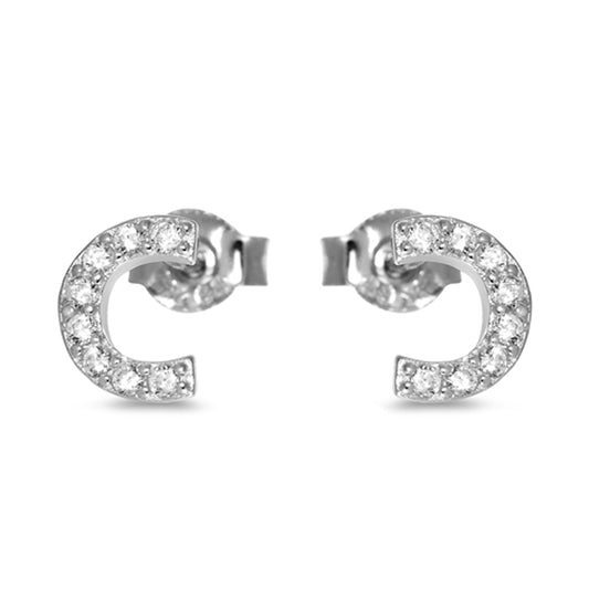 Sterling Silver Simple Curve Semi Circle Studded Modern Earrings Clear CZ 925