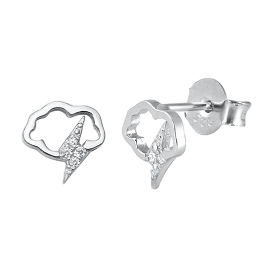 Sterling Silver Lighting Bolt Storm Cloud Outline Modern Earrings Clear CZ 925