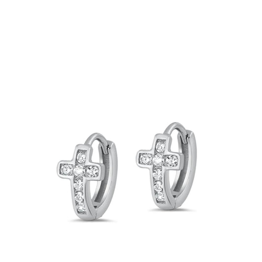 Sterling Silver Fashion Clear CZ Cross Huggie Hoop Christian Earrings 925 New