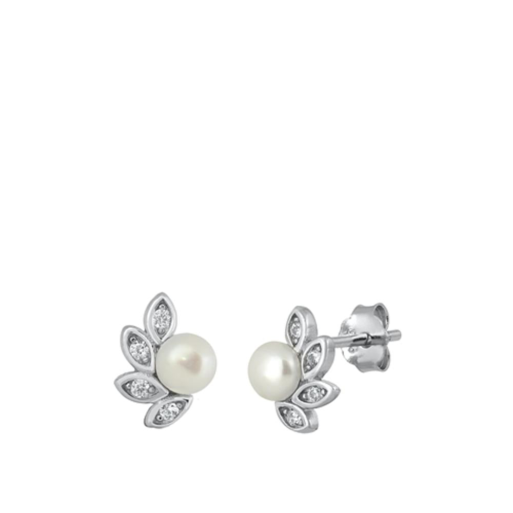Sterling Silver Polished Clear CZ Freshwater Pearl Laurel Leaf Earrings 925 New