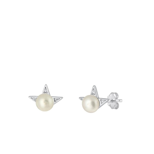Sterling Silver Fashion Freshwater Pearl Clear CZ High Polished Earrings 925 New
