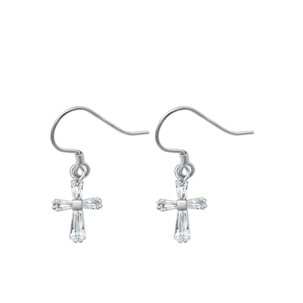 Sterling Silver Wholesale High Polished Cross Clear CZ Hook Earrings 925 New