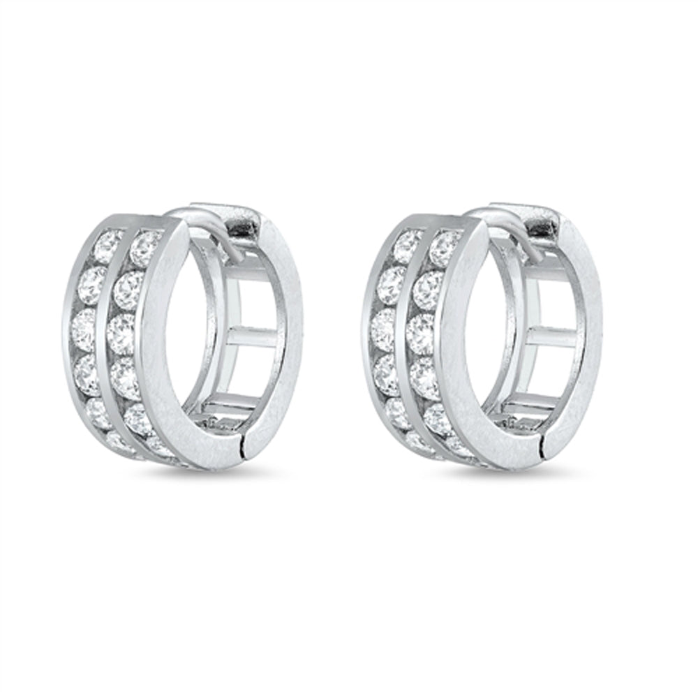 Sterling Silver Elegant Hoop Statement Studded Hinge Huggy Earrings Clear CZ 925