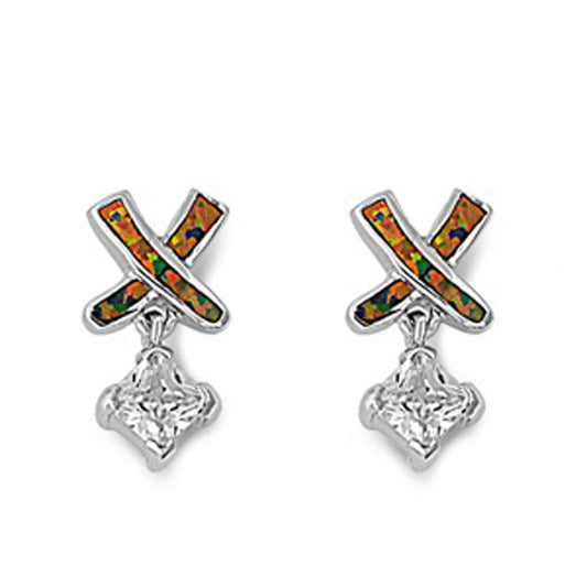 X Hanging Earrings Clear Simulated CZ Mystic Simulated Opal .925 Sterling Silver