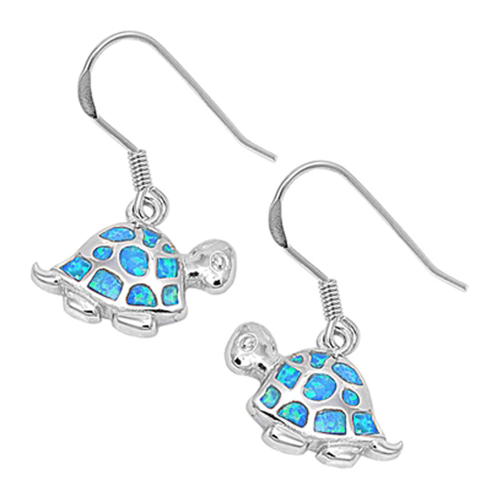 Turtle Hanging Earrings Blue Simulated Opal .925 Sterling Silver