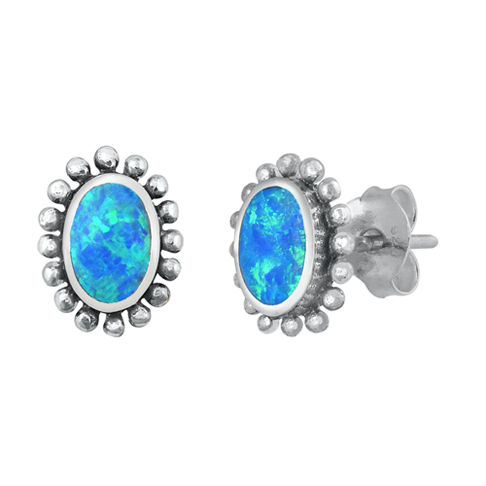 Sterling Silver Flower Boho Style Bali Oval Earrings Blue Synthetic Opal 925 New