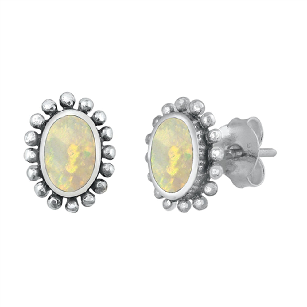 Sterling Silver Oval Flower Cute Bali Style Earrings White Synthetic Opal 925