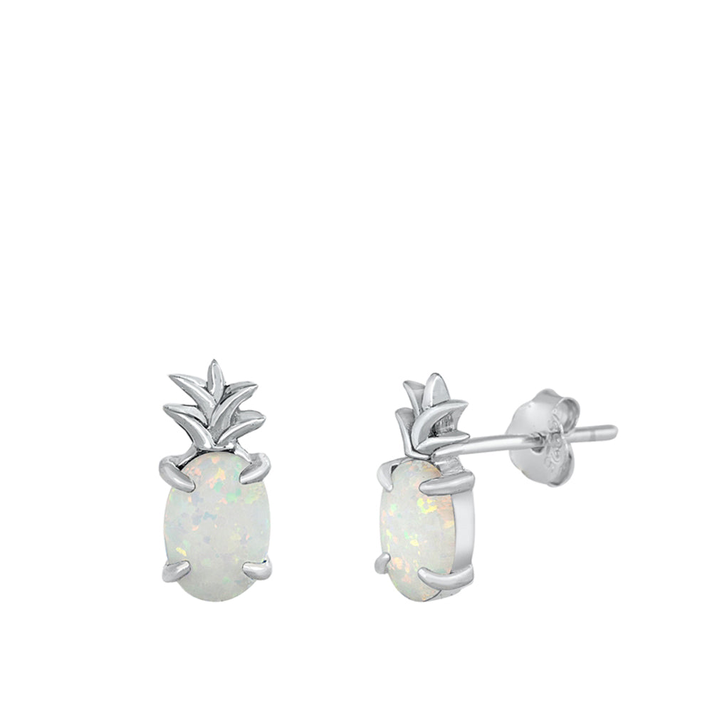 Sterling Silver Pineapple Fruit Tropical Food Earrings White Synthetic Opal 925