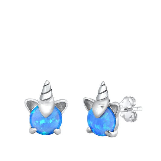 Sterling Silver Unicorn Mythical Creature Animal Earrings Blue Synthetic Opal