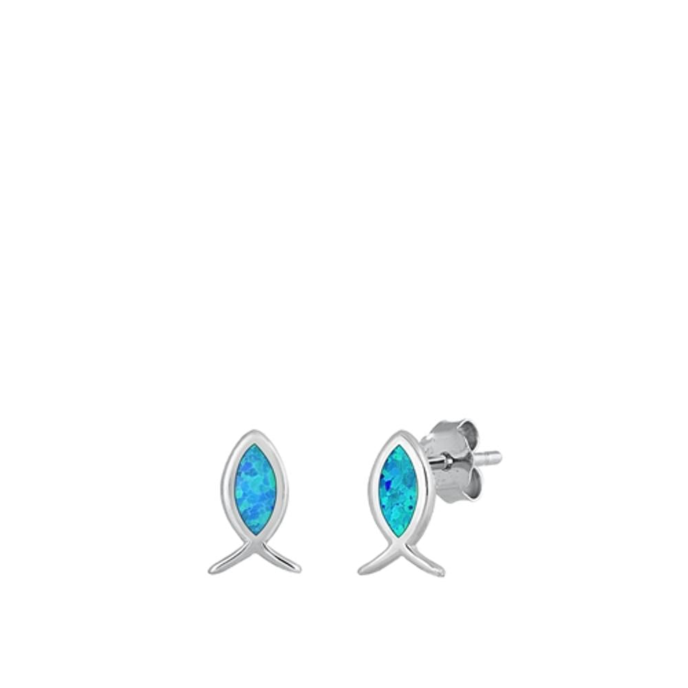 Sterling Silver Beautiful Blue Synthetic Opal Ichthus Christian Earrings 925 New