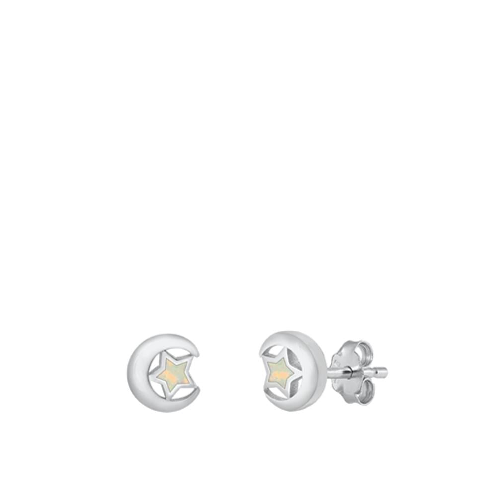 Sterling Silver Fashion Moon & Star White Synthetic Opal Stud Earrings 925 New