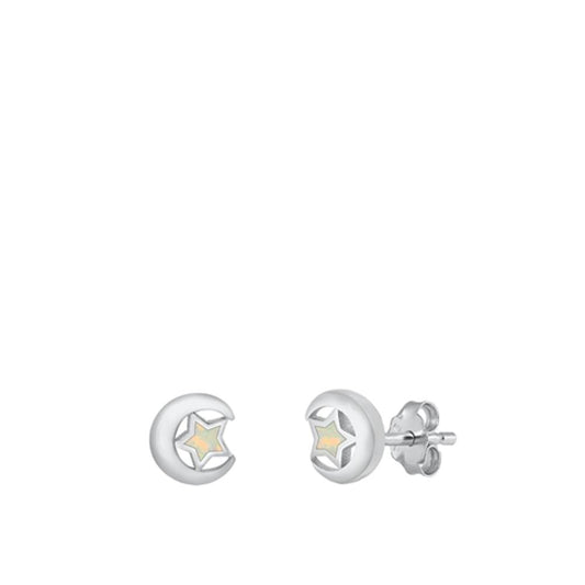 Sterling Silver Fashion Moon & Star White Synthetic Opal Stud Earrings 925 New