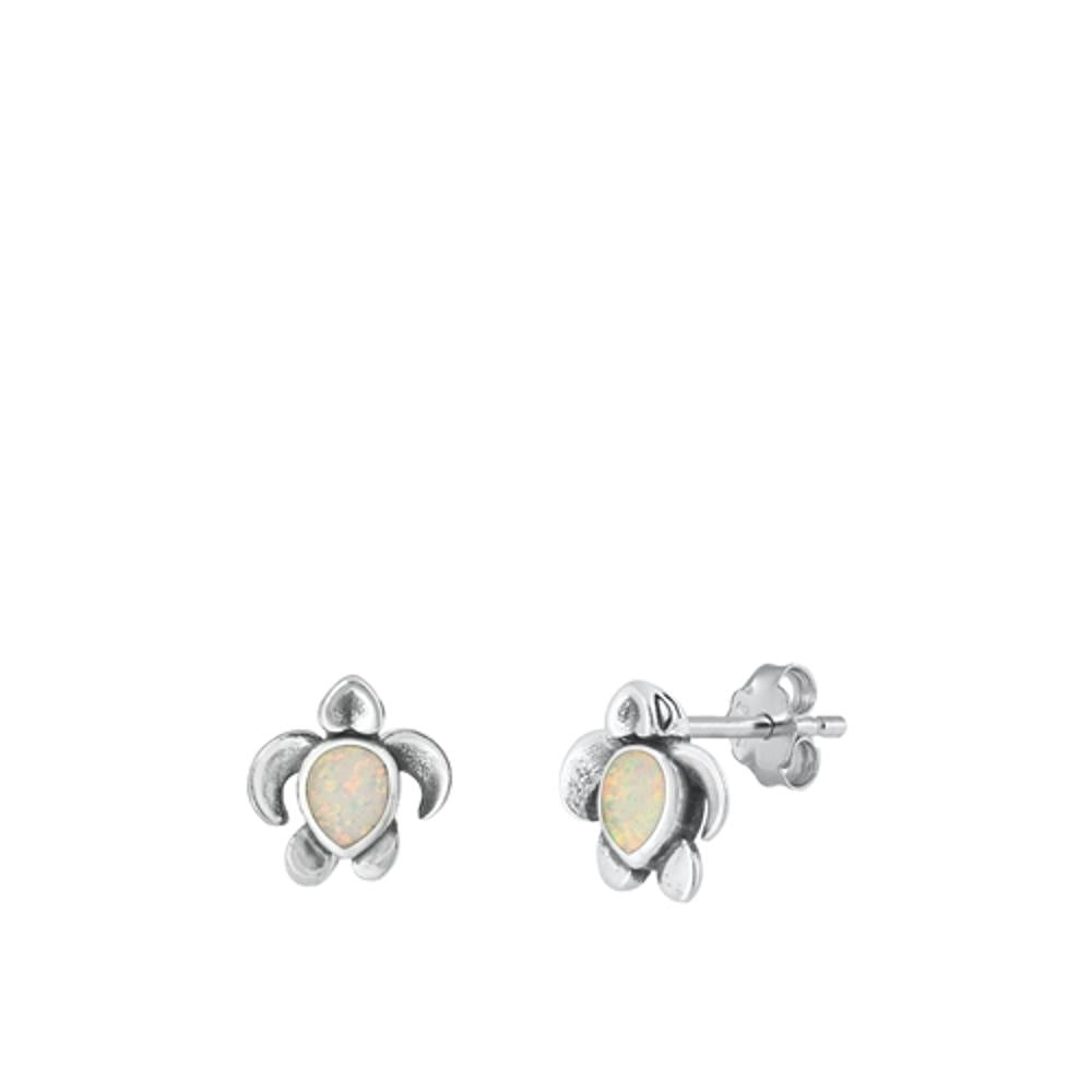 Sterling Silver White Lab Opal Sea Turtle Stud High Polished Earrings .925 New
