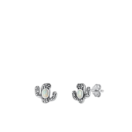 Sterling Silver Unique White Synthetic Opal Cactus Stud Earrings .925 New