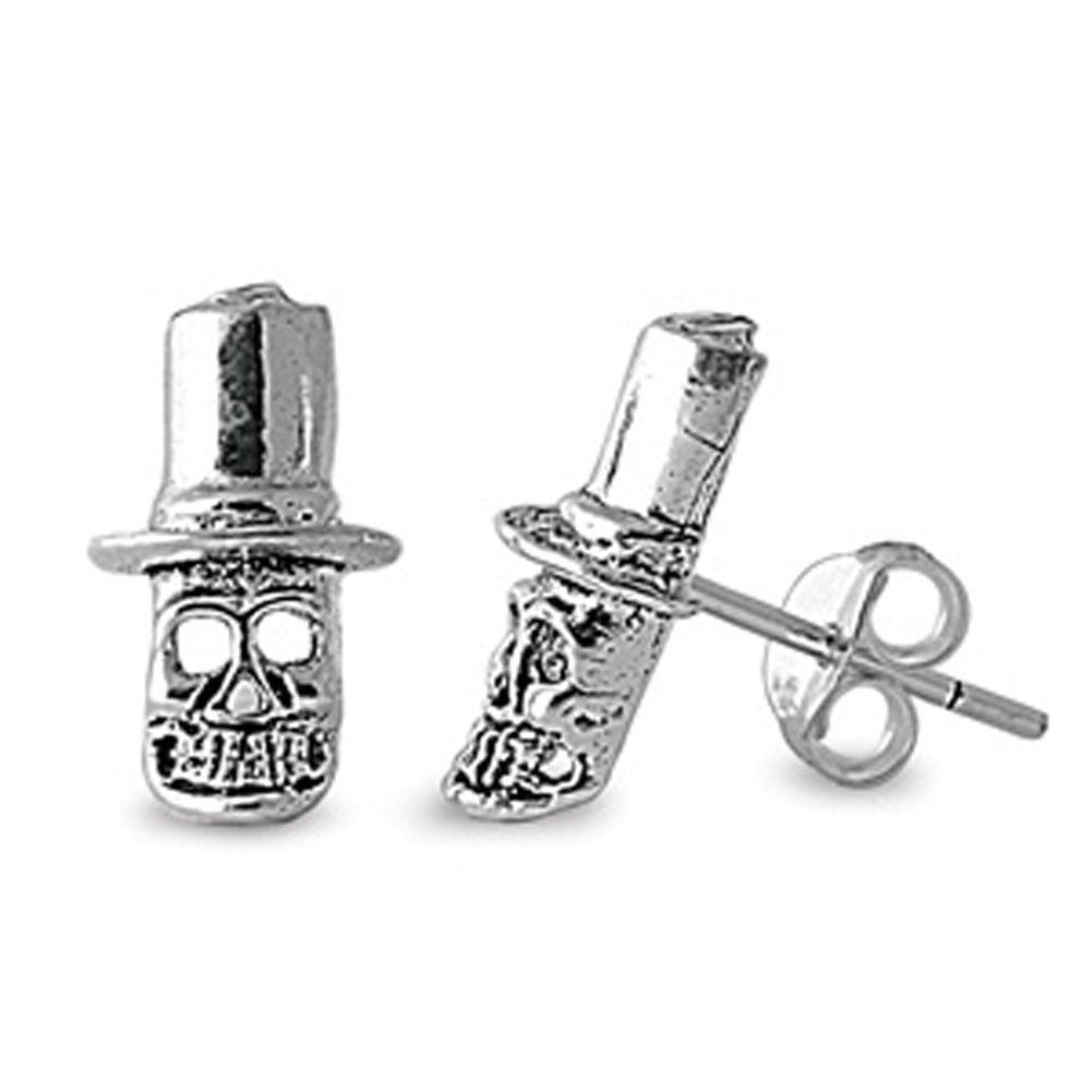 Top Hat Skull Biker Stud Earrings .925 Sterling Silver