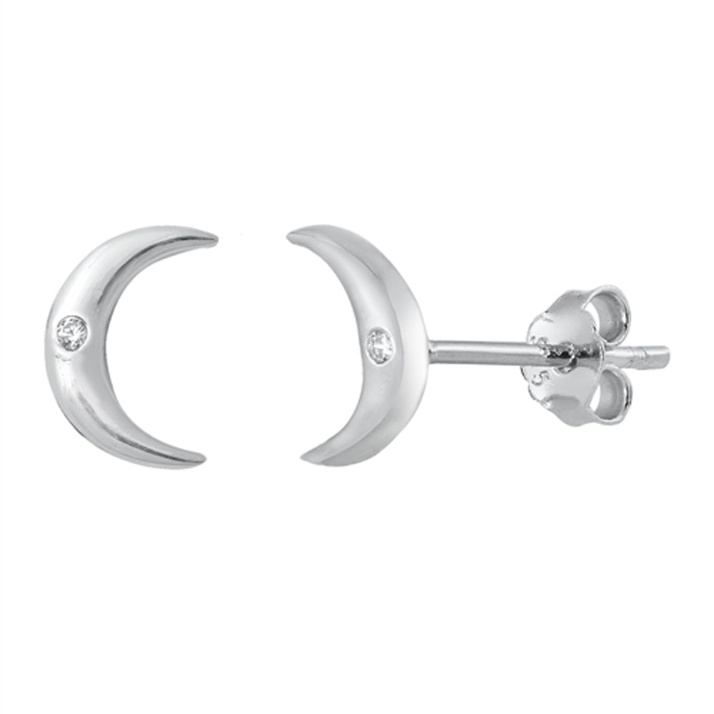 Sterling Silver Celestial Crescent Moon Mystical Galaxy Earrings Clear CZ 925