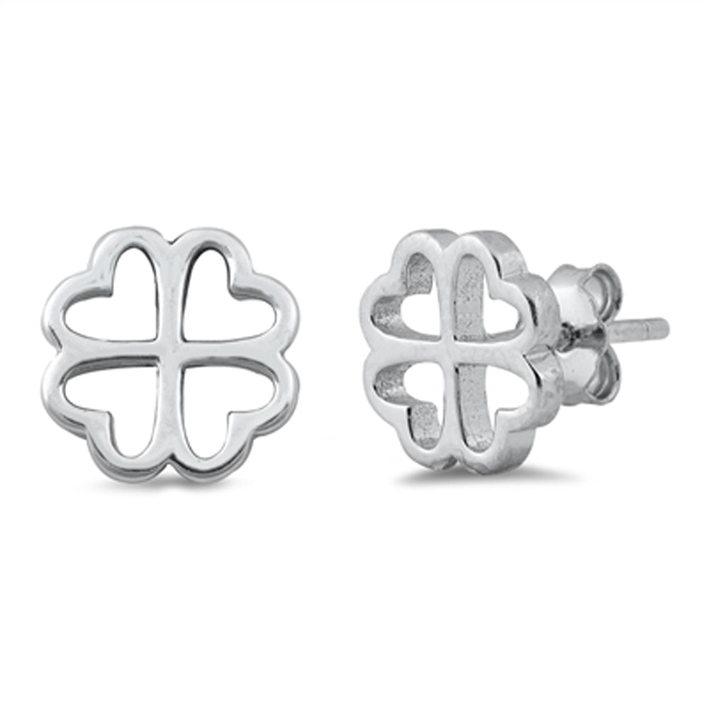 Sterling Silver Four Leaf Clover Shamrock Good Luck Open Promise Heart Earrings