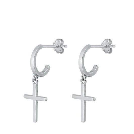 Sterling Silver High Polished Cross Dangle Huggie Fashion Earrings 925 New
