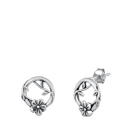 Sterling Silver Floral Hoop Leaf Weave Flower Elegant Earrings Oxidized 925 New