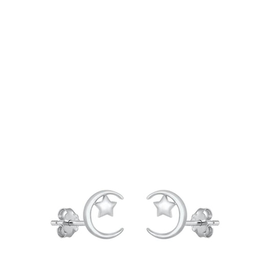 Sterling Silver Moon & Star Stud Earrings Cute Mini Stars & Half Moon 925 New