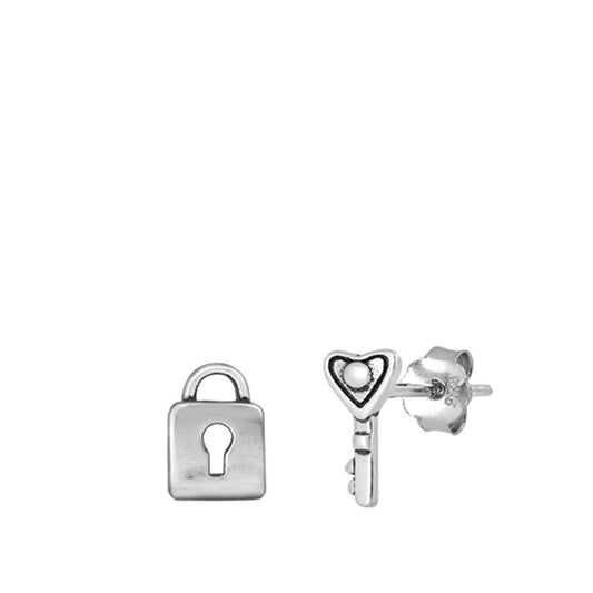Sterling Silver Lock & Key Stud Earrings Oxidized Mismatched Set 925 New