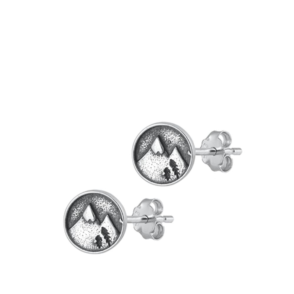 Sterling Silver Vintage Oxidized Cute Mini Mountain Stud Earrings 925 New
