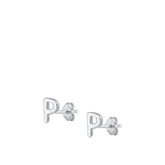 Sterling Silver High Polished Initial P Stud Letter Earrings 925 New