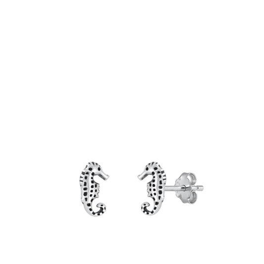 Oxidized Sterling Silver Seahorse Stud Earrings Ocean Sealife Animal 925 New