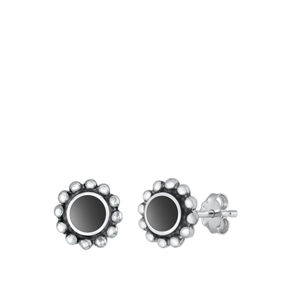 Sterling Silver Unique Black Agate Flower High Polished Earrings 925 New