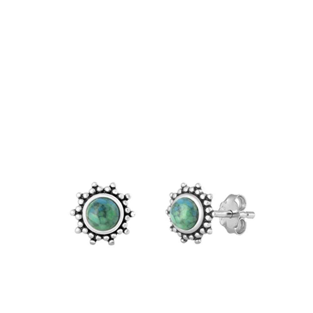 Sterling Silver Bali Turquoise Round Stud High Polished Earrings .925 New