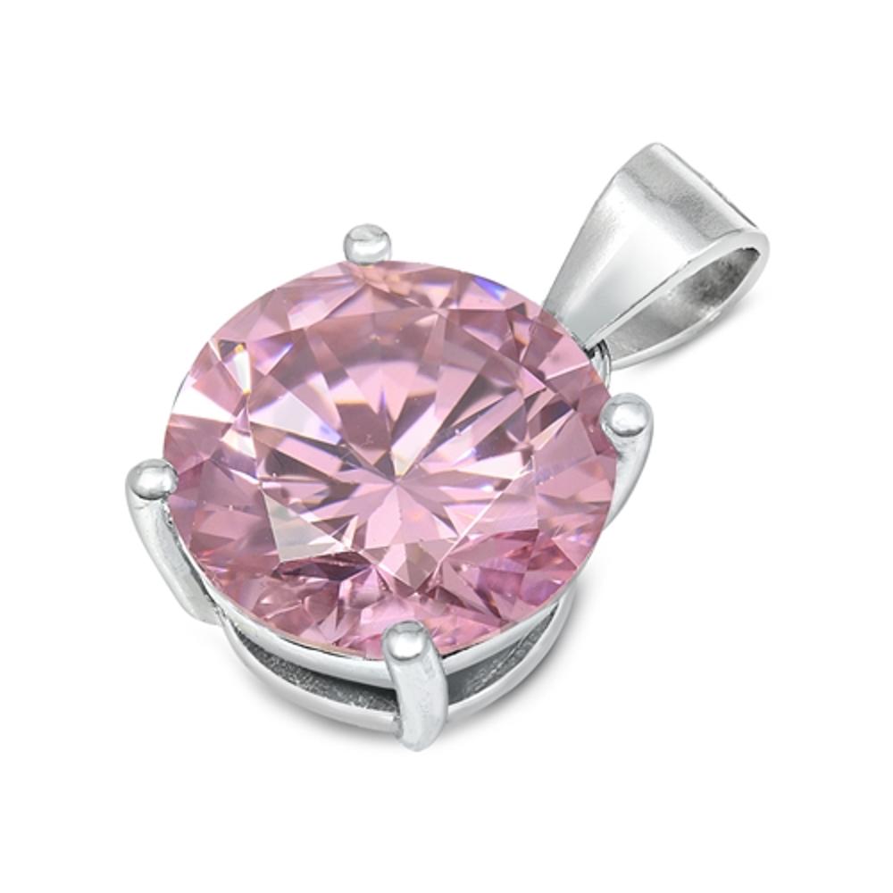 Solitaire Chic Circle Pendant Pink Simulated CZ .925 Sterling Silver Plain Charm