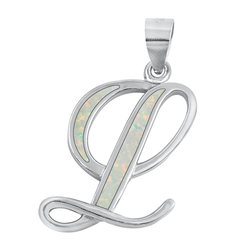 Sterling Silver Wholesale White Synthetic Opal Initial "L"Pendant Script Charm