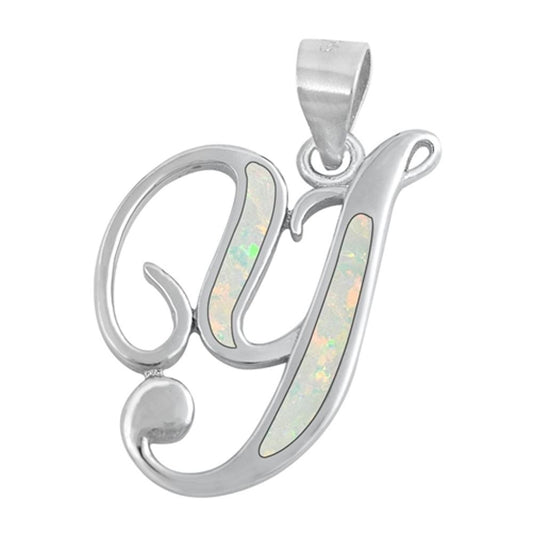 Sterling Silver Wholesale White Synthetic Opal Initial "Y" Pendant Script Charm