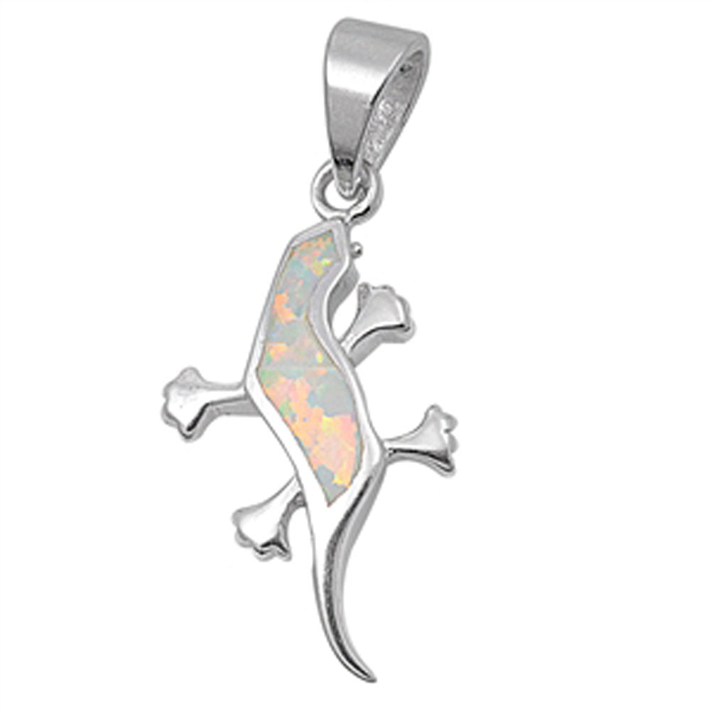 Sterling Silver Simple High Polish Lizard Plain White Simulated Opal Pendant