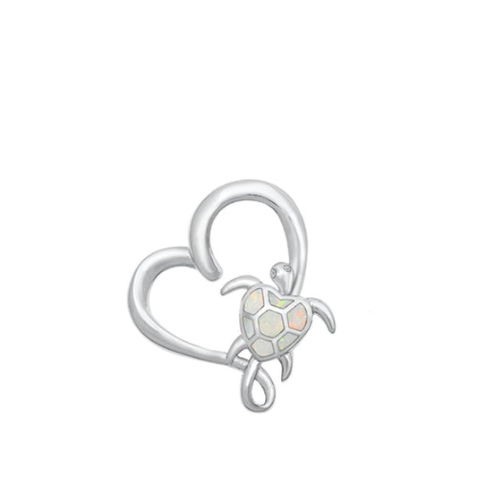 Sterling Silver Fashion White Synthetic Opal Heart Turtle Pendant Love Charm 925