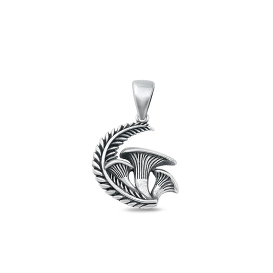 Sterling Silver Oxidized Cute Mushroom & Fern Charm Fairytale Pendant .925 New
