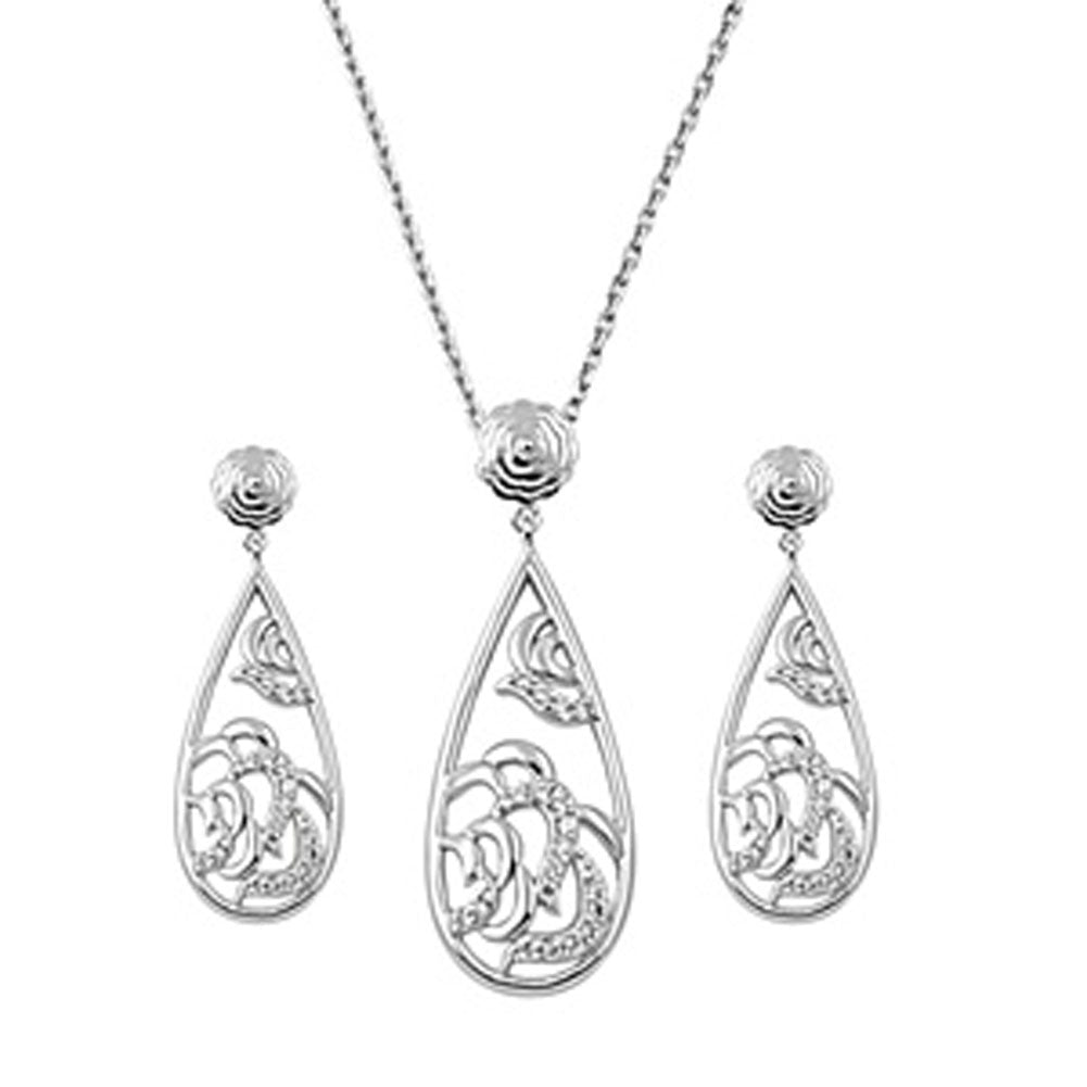 Flower Teardrop Rose Cutout Earrings Clear Simulated CZ .925 Sterling Silver Pendant Set