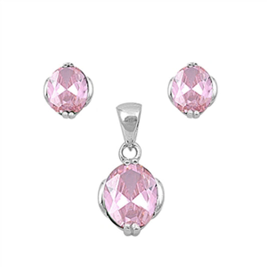 Solitaire Oval Earrings Pink Simulated CZ .925 Sterling Silver Pendant Set