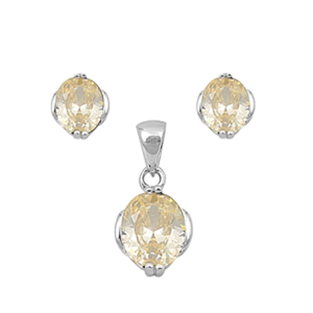 Solitaire Oval Earrings Yellow Simulated CZ .925 Sterling Silver Pendant Set