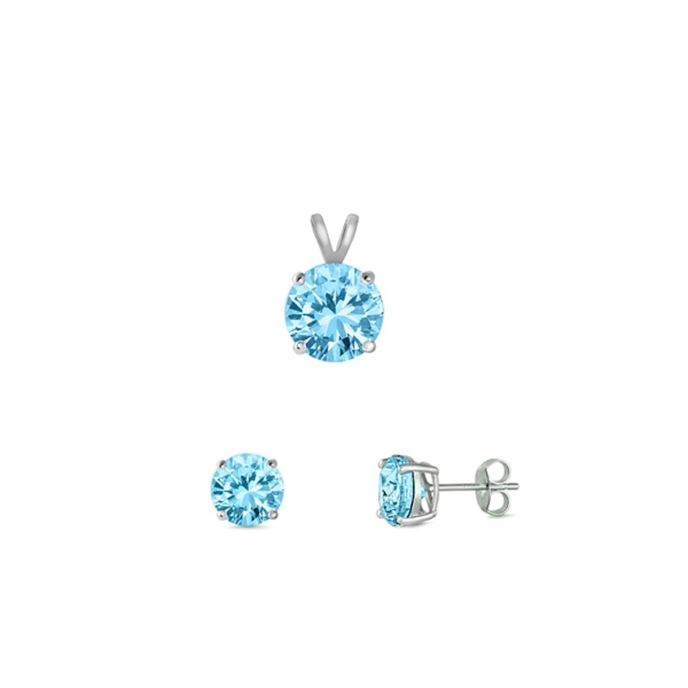 Sterling Silver Wholesale Aquamarine CZ 4mm Earrings & 6mm Pendant Set 925 New