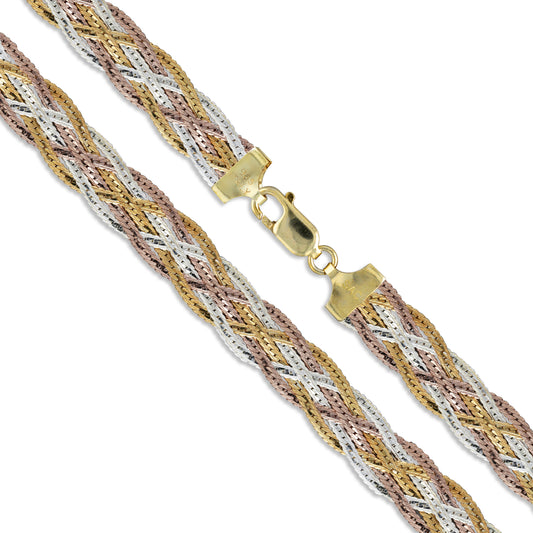 Sterling Silver Tri Colored Braided Herringbone Necklace 10mm 925 Italy Chain