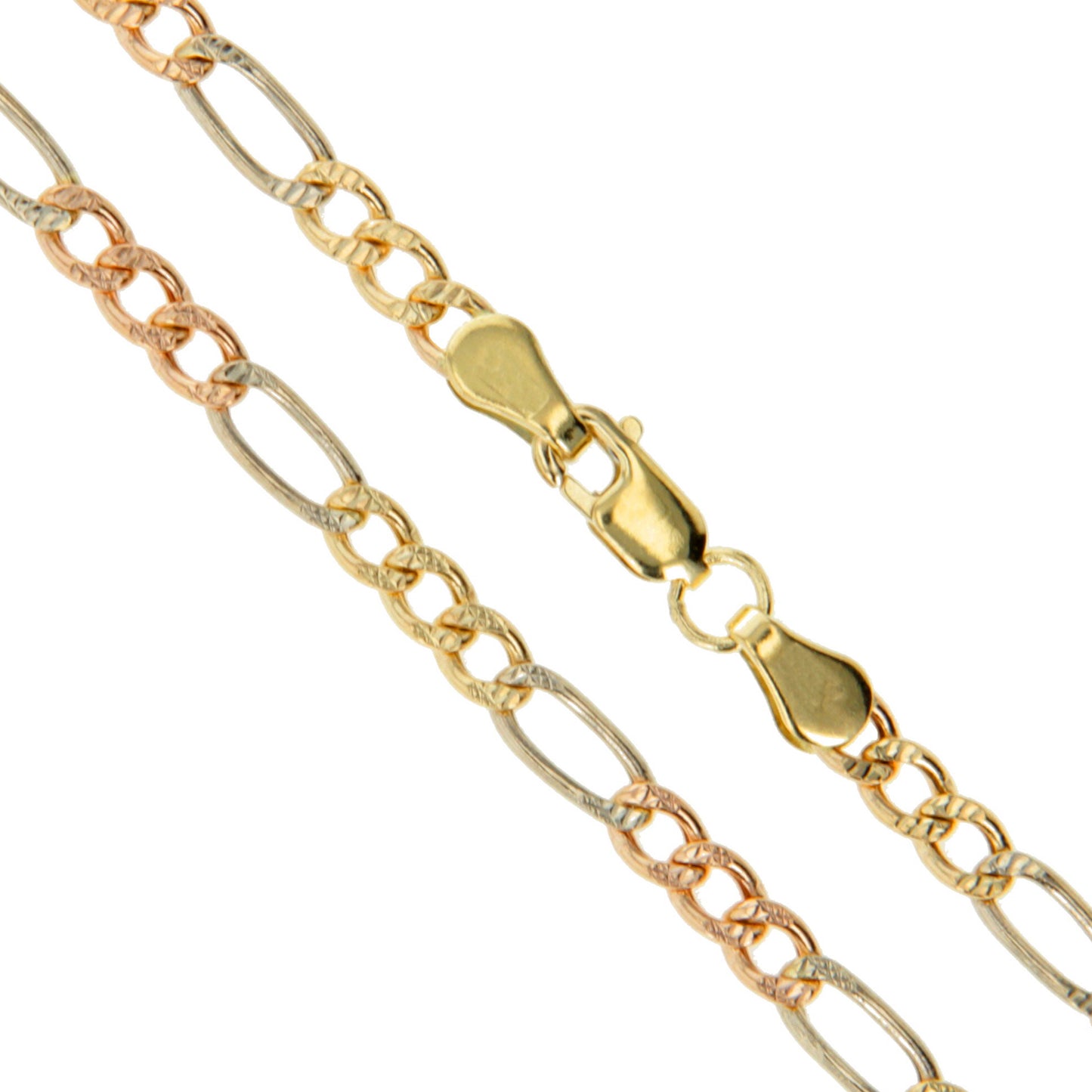 14k Gold Rose White Yellow Tri Color Solid Pave Figaro Link Chain 4.3mm Necklace